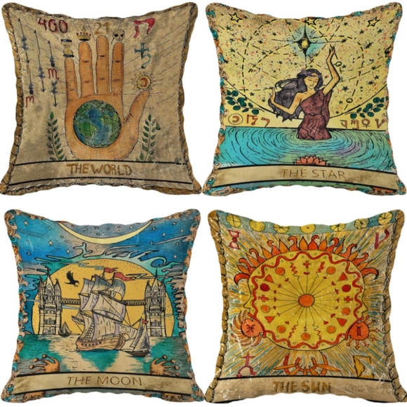 4 Tarot Card Tapestry Art Pillow Covers Sun Moon Star World 18x18 Square Zip New - Picture 1 of 6